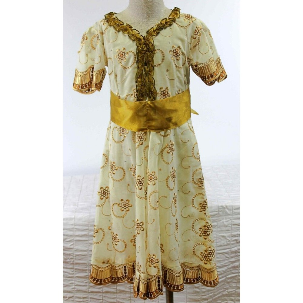 Gold/Cream Girls Dress 5/6 Dance Party Semi-Formal Sash-Belt Ruffled Rhinestones